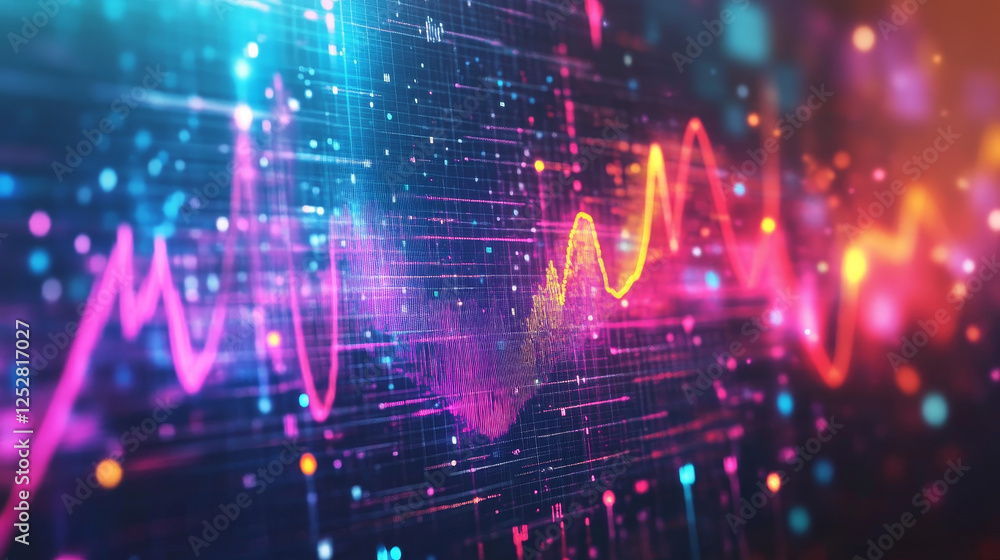 Poster neon audio voice frequency wave and abstract sound light vector background. radio pulse effect curve