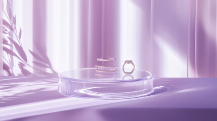 Luxury circular glass display podium with delicate rings backdrop on pastel purple background. Minimalist platform space for products presentation. Premium setup with transparent geometric elements.