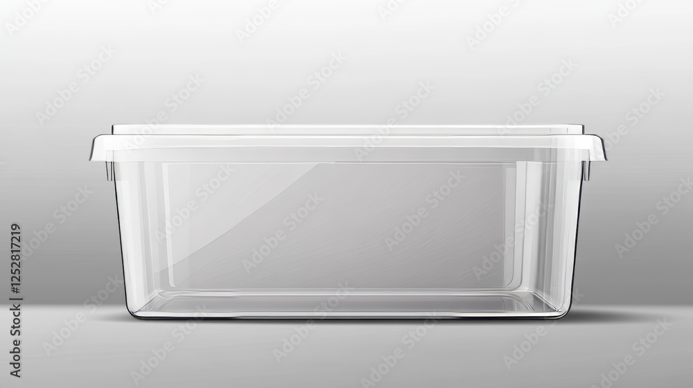 Poster empty clear package box closed by lid. vector realistic mockup plastic container, kitchen bucket for