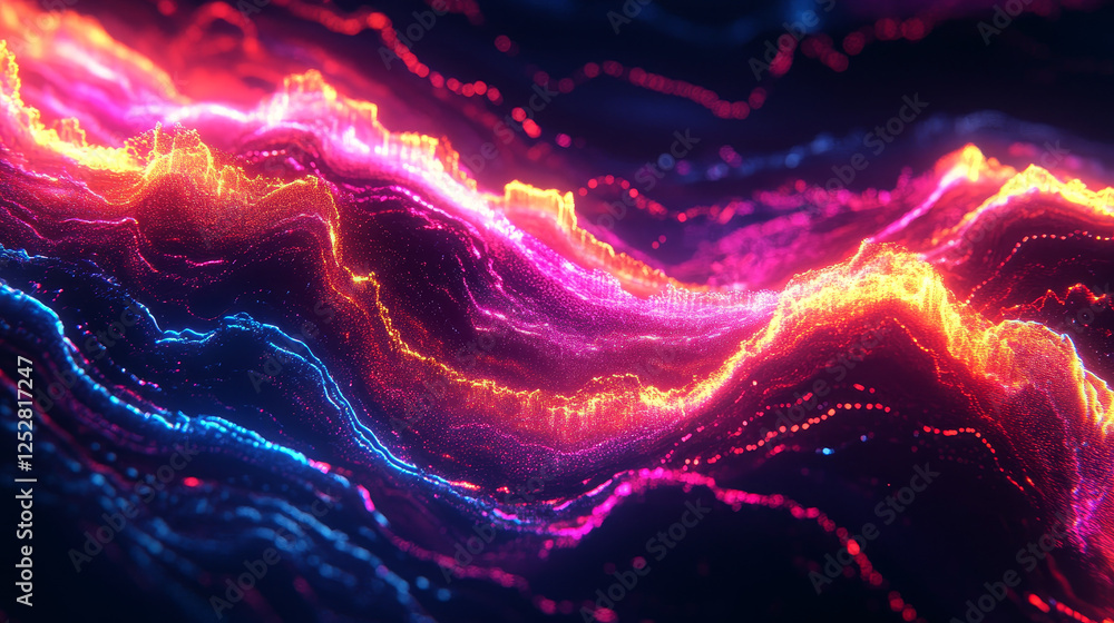 Poster neon audio voice frequency wave and abstract sound light vector background. radio pulse effect curve