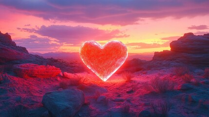 Fototapeta premium A glowing neon heart-shaped rock standing amidst a rugged desert landscape, under a vibrant sunset sky