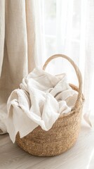 Laundry basket with white linen cozy home interior still life natural light minimalist