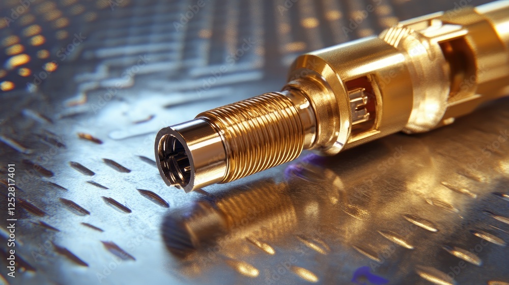 Poster a gold-plated coaxial plug partially inserted into a matching socket on a metallic surface