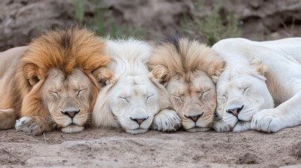Four White Lions Sleeping in a Row