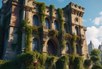 Naklejka premium Overgrown vegetation and vines covering a castle's facade, wildlife, nature