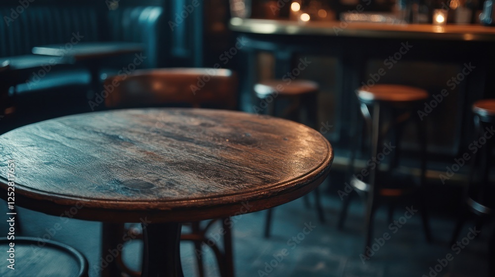 Poster rustic wooden table in a dimly lit bar setting with stools and soft candlelight ambiance