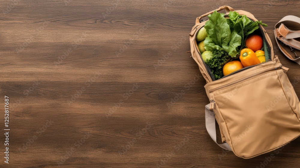Poster bag of vegetables and shoes on weathered wooden table with open backpack in a rustic setting