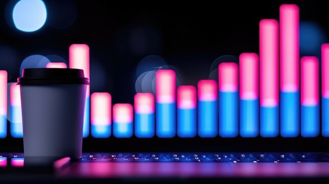 A coffee cup sits in front of a glowing bar graph, featuring vibrant pink and blue bars, suggesting a blend of productivity and analytics.