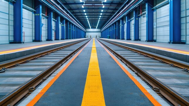 A spacious train station platform featuring parallel tracks and a prominent yellow line, exuding a modern and industrial ambiance.