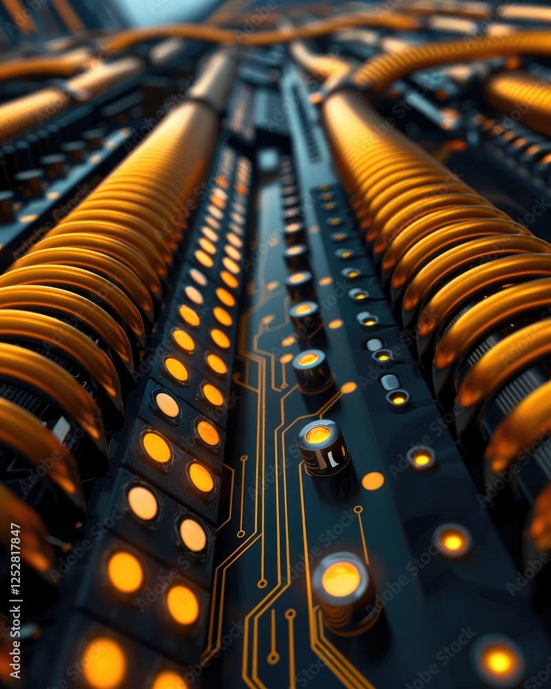 Poster a close-up view of intricate circuit patterns and vibrant orange cables, showcasing advanced technol