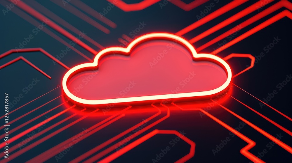 Poster a glowing red cloud symbol on a dark circuit-patterned background, representing cloud computing and 