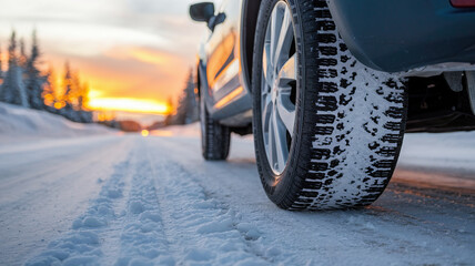 Tire Tracks on Snowy Road at Sunset Glow