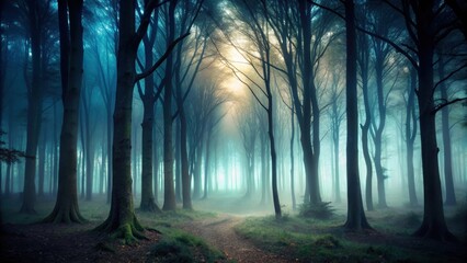 Fototapeta premium Dark misty forest with shadowy trees creating an eerie and ominous atmosphere, mist, fog, woods, spooky, mysterious