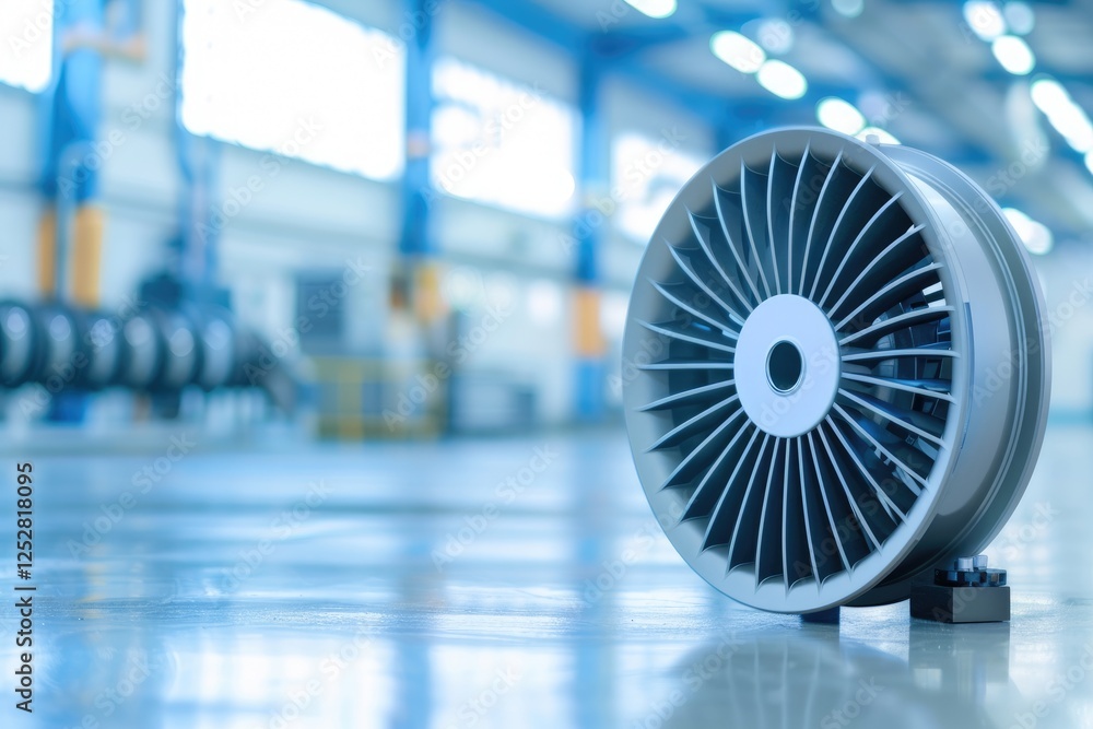 Aufkleber a close-up of a turbine fan in a spacious industrial setting, showcasing its intricate design and fu