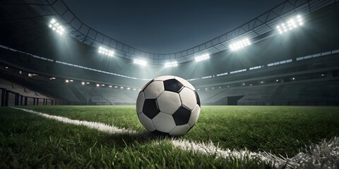 Naklejka premium Soccer Ball on Field Under Bright Lights in Empty Stadium