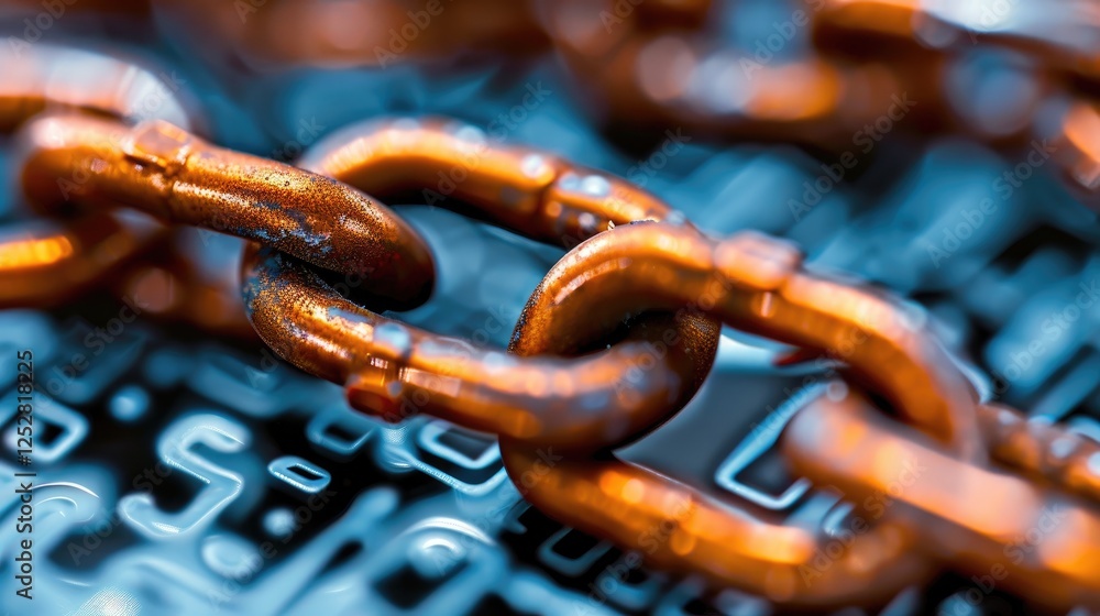 Poster a close-up of interlinked copper chains against a background of abstract digital patterns, symbolizi