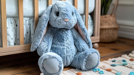 A soft plush bunny sitting next to a crib.  HD 8K wallpaper Photographic Image