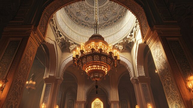 Majestic interior of an ornate palace with a grand chandelier and intricate architectural details