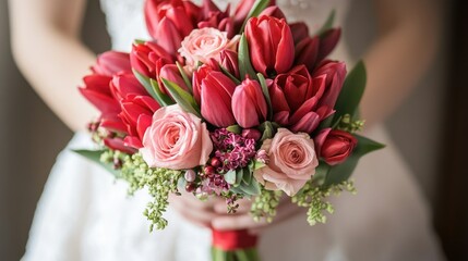 Fototapeta premium A hand-tied bouquet of red tulips and pink roses, captured in soft natural light.