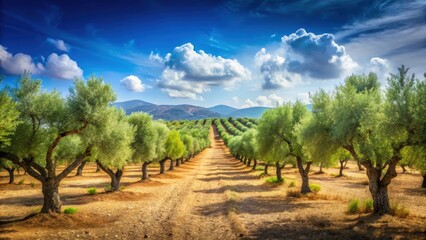 Naklejka premium Serene Mediterranean landscape with rows of lush olive trees under a clear blue sky , tranquil, Mediterranean, landscape