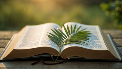 Open Bible with Palm Frond on Wooden Surface in Soft Sunlight with Spiritual Atmosphere