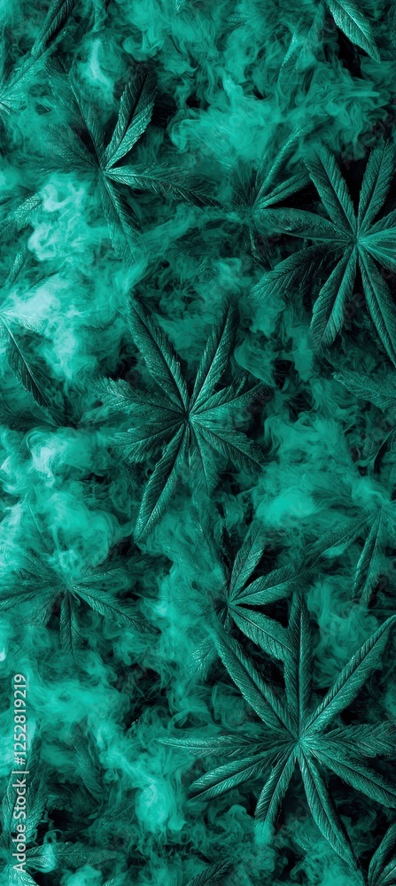 Poster A vibrant teal background with intricate leaf patterns, creating a calming and artistic visual effect.