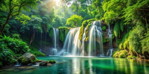 Obraz premium Lush green forest with a powerful waterfall and natural water sources , forest, green, cascading, waterfall, powerful, nature, lush