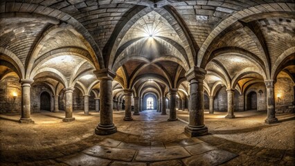 Obraz premium 360 degrees HDRI equirectangular of a dark old vaulted catacomb dungeon , catacomb, dungeon, vaulted, dark, old