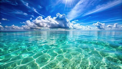 Obraz premium Clear blue ocean waters glistening under a clear summer sky , crystal, clear, waters, summer, sea, blue, sky, ocean