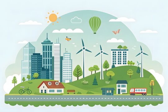 Green Cityscape with Wind Turbines and Nature Elements
