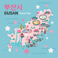 Busan Tourist Map Vector illustration. Beautiful Busan attraction in Cherry blossom season. Korean Translation: 