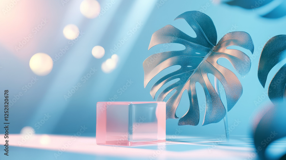 Poster glass rectangular product podium on pastel blue background with monstera leaf shadow on wall and lig