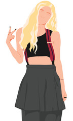 Flat vector illustration kpop idol with suitcase. Korean dancer on vacation. Idol group female fashion model wearing colorful outfit. Asian beauty model on casual style.