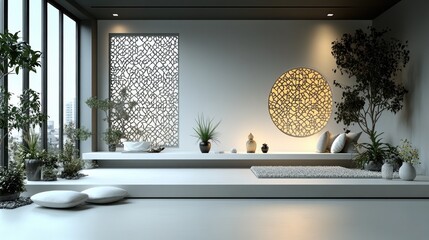 Modern minimalist interior design featuring plants, decorative elements, and natural light
