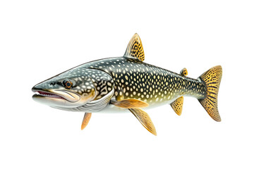 Fototapeta premium Detailed northern pike fish with spotted scales, fins and sharp jaw isolated on white transparent background, concept of aquatic life