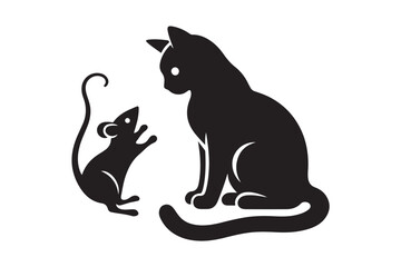 Cat playing with a mouse icon silhouette on white background. (5)
