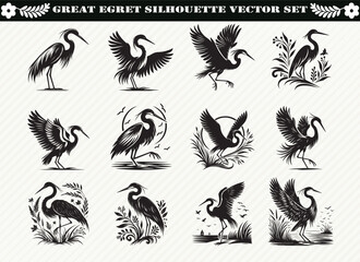 Great Egret Silhouette Vector Set: 12 Designs