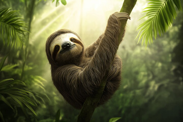 A big cute sloth hanging on a branch 