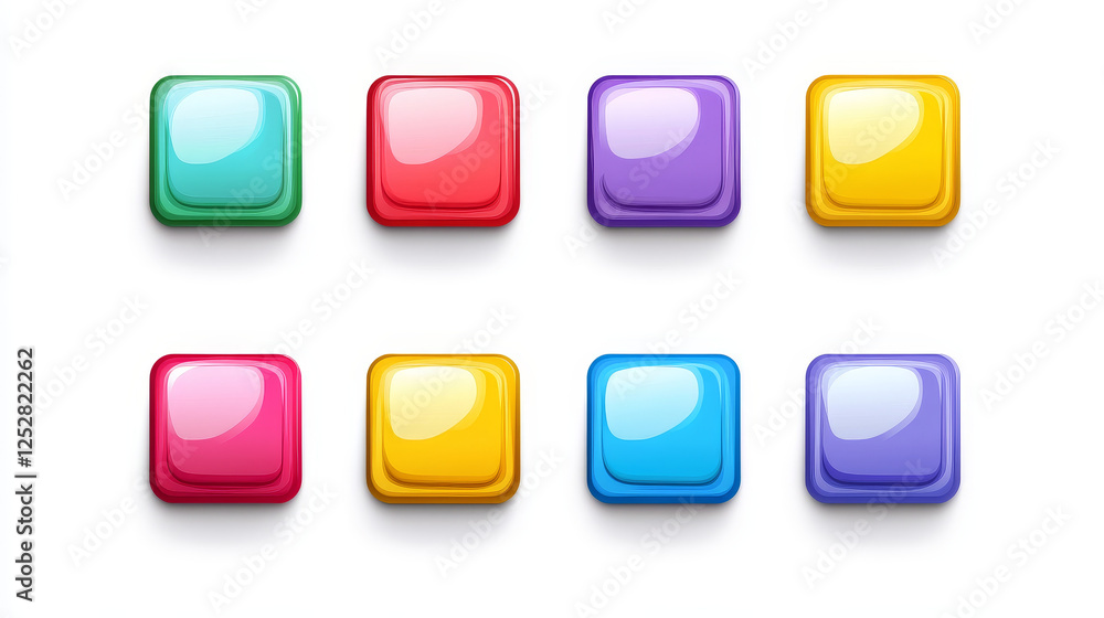 Poster set of game ui app icons, square buttons, cartoon menu interface colorful blocks. gui graphic design