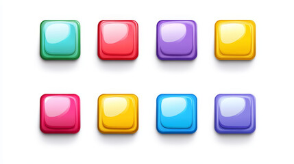 Set of game ui app icons, square buttons, cartoon menu interface colorful blocks. Gui graphic design elements for user panel settings red, blue, yellow, green, purple isolated 2d vector illustration