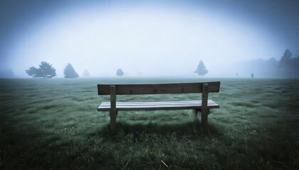 A single wooden bench in the middle of a vast misty field, the fog erasing the horizon