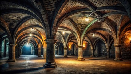 Obraz premium Dark and eerie underground catacomb dungeon with vaulted ceilings and atmospheric lighting , dungeon, catacomb, vaulted