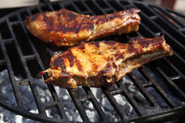 juicy grilled piece of meat on the barbecue during the holidays