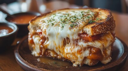 A close-up of a grilled cheese sandwich oozing with melted cheddar and mozzarella, served on a wooden plate with a side of tomato soup in a cozy cafe setting.