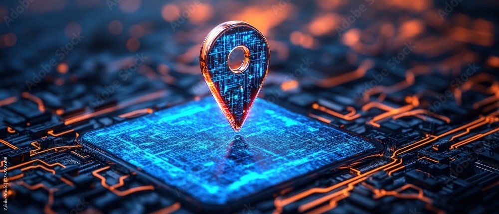 Poster 3d image of a map pin on a circuit path with abstract blue location point design