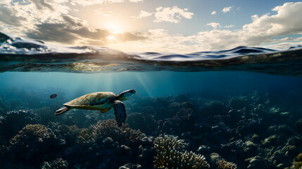 Sea Turtle Swimming Over Vibrant Coral Reef