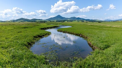 Fototapeta premium Serpentine river winding through grassy valley under a partly cloudy sky. Possible use Stock photo for nature, travel, or environmental campaigns