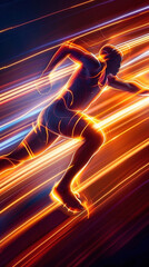 Dynamic athlete sprinting with vibrant neon streaks and motion lines