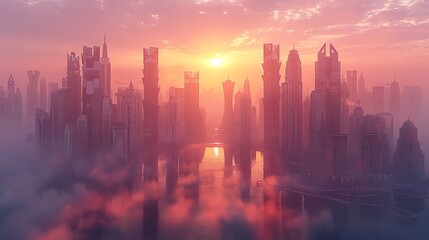 Fototapeta premium A stunning view of Doha's contemporary high-rises reflecting on water during sunrise at Sheraton Park in Qatar. HD 8K wallpaper Photographic Image