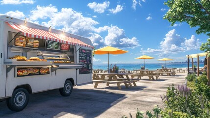 A food truck in a beachside location, serving gourmet burgers and fries, with picnic tables and umbrellas nearby, and the ocean visible in the background.